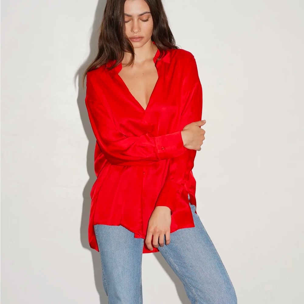 NWT LNA Clothing Red Relaxed Fit Silky Button Down Top